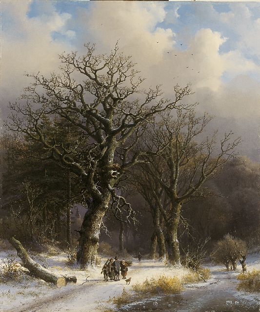 Klombeck J.B.  | Oak forest with wood gatherers in winter, Öl auf Holz 69,6 x 58,4 cm, signed l.r. und dated 1857