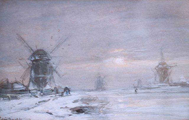 Louis Apol | A winter landscape with windmills along a canal, Gouache auf Papier, 11,1 x 17,7 cm, signed l.l.