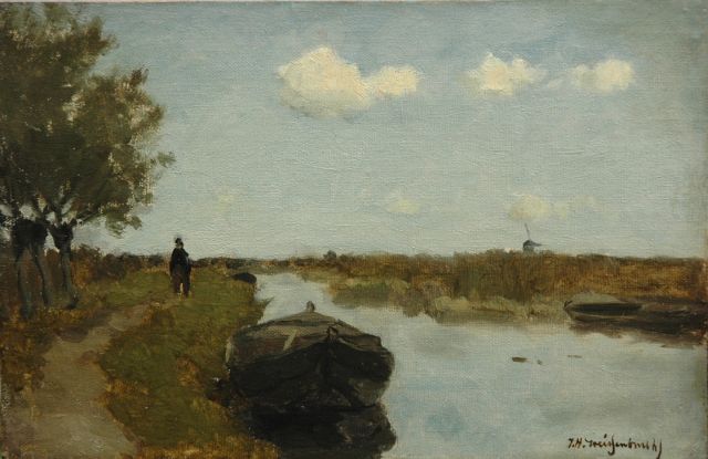 Jan Hendrik Weissenbruch | A moored barge in a polder landscape, Öl auf Leinwand auf Holzfaser auf Tafel, 20,5 x 31,1 cm, signed l.r.