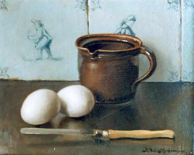 Pieter Wilhelm Millenaar | A still life with eggs and a knife, Öl auf Leinwand, 20,2 x 25,2 cm, signed l.r.
