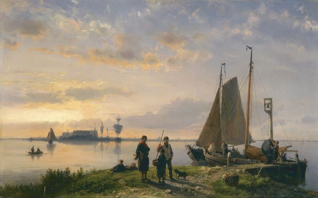 Hermanus Koekkoek | Avondstemming met vissers op de oever, Öl auf Leinwand, 36,7 x 58,4 cm, gesigneerd r.o.