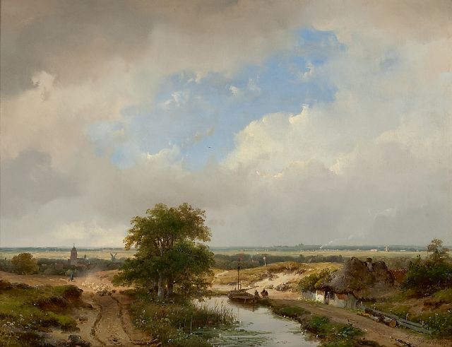 Andreas Schelfhout | Dünenlandschaft mit Ansicht auf Haarlem, mit Dampfzeisenbahn am Horizont, Öl auf Tafel, 31,6 x 41,1 cm, Unterzeichnet r.u. und datiert 1847