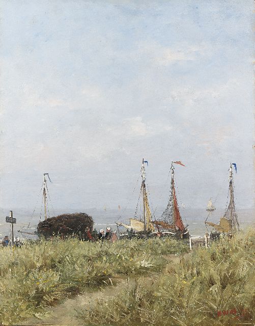 Hendrik Willem Mesdag | Fisherfolk and 'bomschuiten' behind the dunes, Öl auf Holz, 50,5 x 39,5 cm, signed l.r. with initials und dated '75