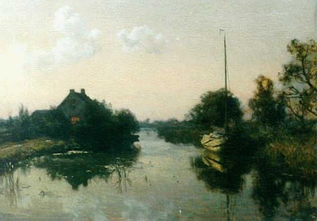 Willem Bastiaan Tholen | Evening twilight with a moored boat, the 'Eudia', Öl auf Leinwand, 71,2 x 102,3 cm, signed l.l.