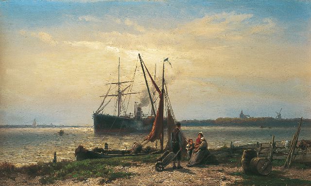 Jan H.B. Koekkoek | Anchored steamboat, Öl auf Holz, 24,9 x 42,1 cm, signed l.l.