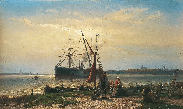 Koekkoek J.H.B.  | Anchored steamboat, Öl auf Holz 24,9 x 42,1 cm, signed l.l.