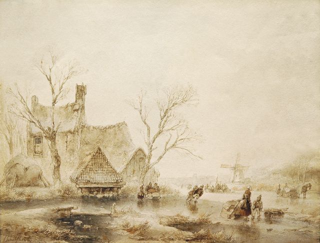 Andreas Schelfhout | Skaters in a winter landscape, Bleistift, Pinsel in brauner und schwarzer Tinte auf Papier, 24,5 x 30,2 cm, signed l.l.