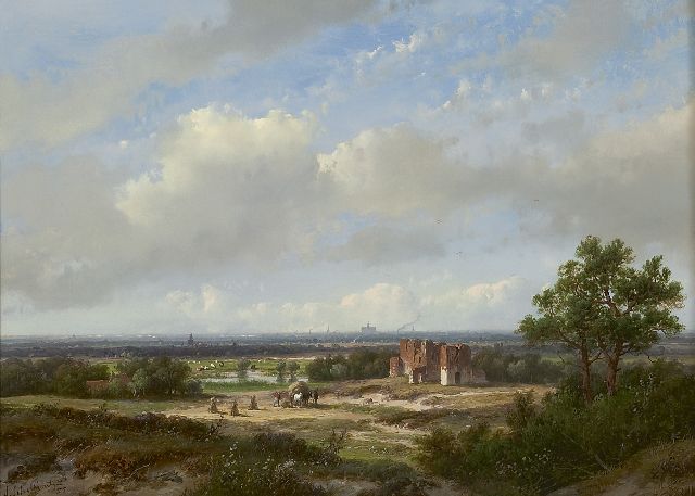 Andreas Schelfhout | Panoramische Landschaft mit Silhouette von Haarlem und der Ruine von Brederode, Öl auf Holz, 28,4 x 39,1 cm, Unterzeichnet l.u. und datiert '50