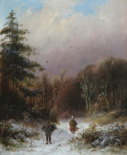 Alexander Joseph Daiwaille | A wood gatherer in a winter landscape, Öl auf Tafel, 16,3 x 13,4 cm