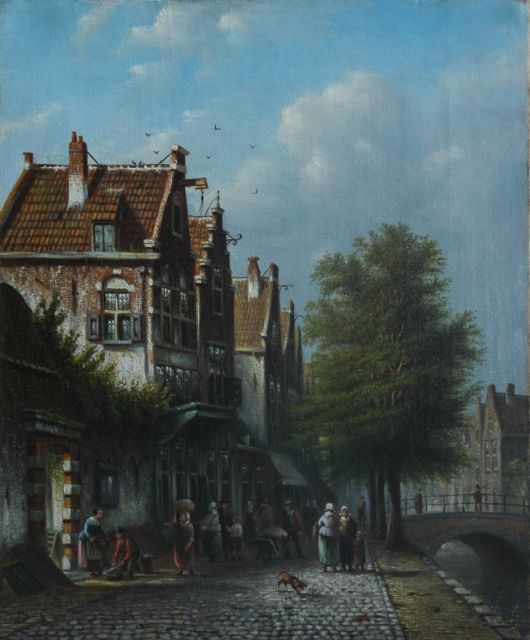 Johannes Franciscus Spohler | Daily activities in a Dutch town, Öl auf Leinwand, 37,5 x 31,1 cm, signed l.l.