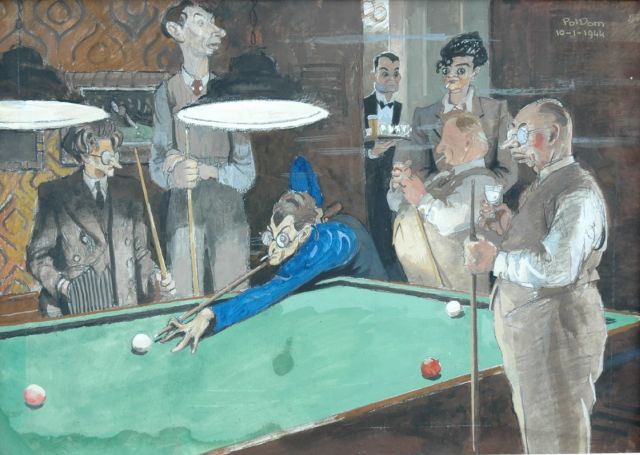 Pol Dom | Billiards at Pulchri, Bleistift, Aquarell und Gouache auf Papier, 29,3 x 41,1 cm, signed u.r. und executed on 10-1-1944