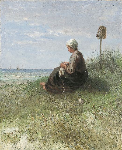 Jozef Israëls | A girl knitting in the dunes, Öl auf Holz, 44,2 x 36,1 cm, signed l.l.