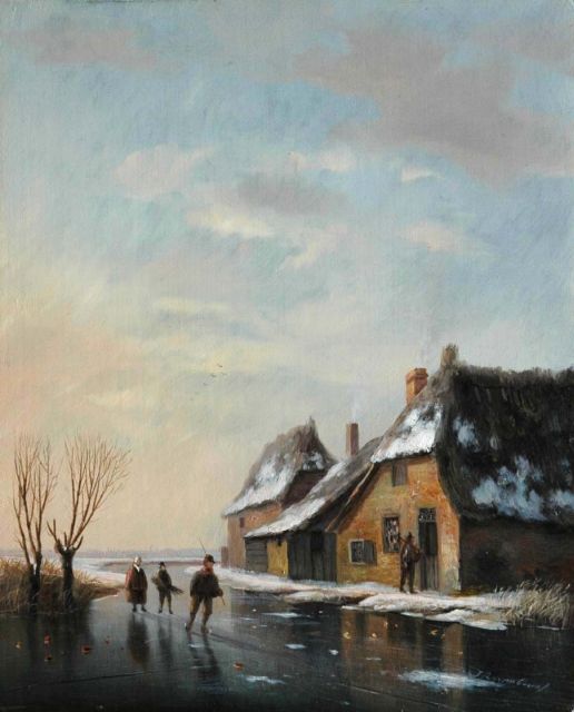 Nicolaas Roosenboom | Skaters on a frozen waterway, Öl auf Holz, 23,6 x 19,2 cm, signed l.r. und painted circa 1830