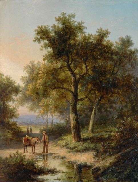 Jan Evert Morel II | Traveller with his pack mule on a forest path, Öl auf Holz, 18,1 x 13,7 cm, signed l.l.