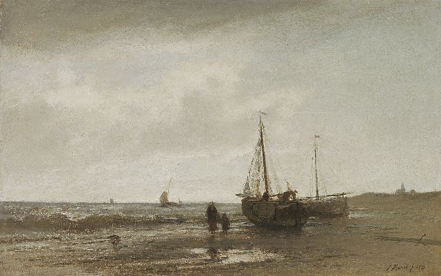Jacob Maris | Walking along the beach, Öl auf Leinwand, 21,2 x 33,3 cm, signed l.r. und dated 1871