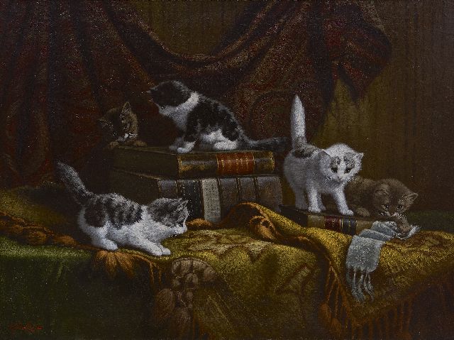 Cornelis Raaphorst | Kätzchen, zwischen wertvollen Büchern spielend, Öl auf Leinwand, 60,2 x 80,0 cm, Unterzeichnet l.u.