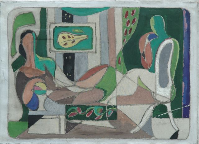 Voskuyl J.  | Interior with two figures, Gouache auf Leinwand 34,2 x 47,2 cm, signed on the reverse und dated 1942 on the reverse