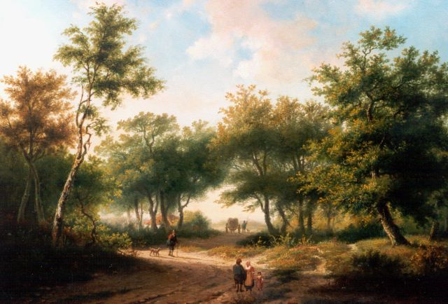 Hendrik Pieter Koekkoek | Figuren auf einem Waldweg, Öl auf Holz, 34,7 x 48,7 cm, Unterzeichnet l.u.