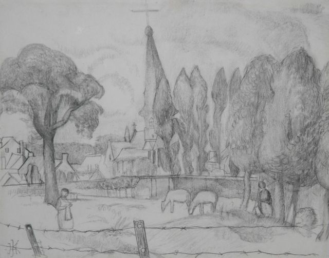 Herman Kruyder | Limburgische Landschaft mit Kirchturm, Bleistift auf Papier, 26,0 x 32,8 cm, Unterzeichnet l.u. mit Monogramm und zu datieren um 1923-1927