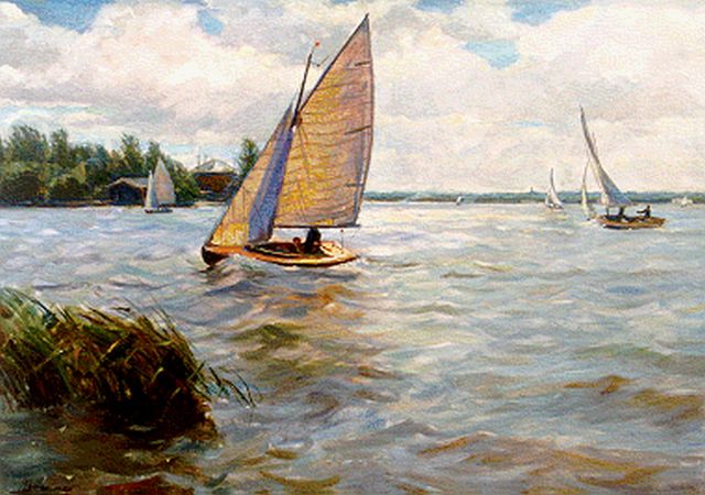 Piet van Boxel | Sailing boats on the Kaag, Öl auf Leinwand, 70,5 x 100,5 cm, signed l.l. und painted in the 50's