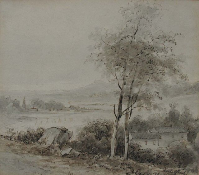 Andreas Schelfhout | A panoramic landscape, Feder und Tinte auf Papier, 18,6 x 21,2 cm, signed l.r.