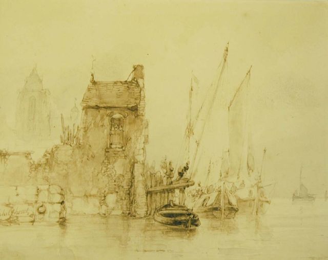 Andreas Schelfhout | Moored shipping, Pinsel in brauner Tinte auf Papier, 15,0 x 18,5 cm, signed l.l.