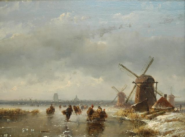 Andreas Schelfhout | Skaters and a sledge on a frozen waterway, Öl auf Holz, 16,9 x 22,4 cm, signed l.l.