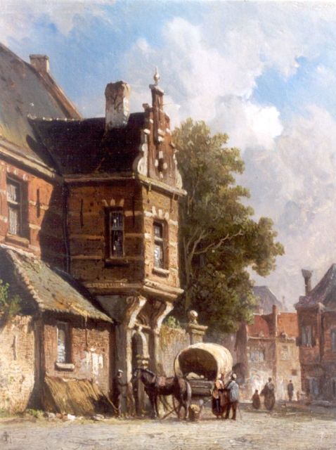 Adrianus Eversen | View of a city with figures and a tilt-cart, Öl auf Holz, 19,4 x 15,3 cm, signed l.l. with monogram