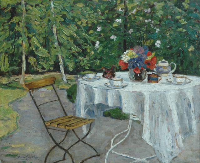 Ulrich von Uechtritz-Steinkirch | Unser Kaffeetisch!: coffee in the garden, Öl auf Leinwand  auf Holzfaser, 42,2 x 51,9 cm, signed l.l.