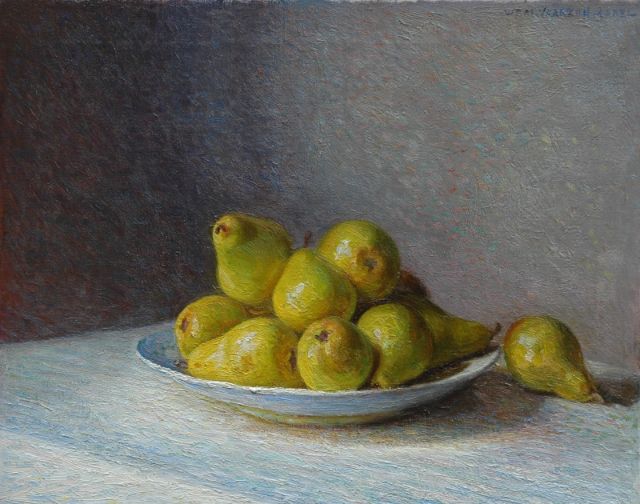 Willem Vaarzon Morel | Pears on a earthenware plate, Öl auf Leinwand, 40,0 x 50,1 cm, signed u.r.