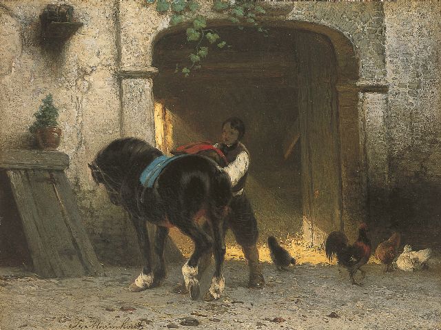Joseph Moerenhout | Saddling the horse, Öl auf Holz, 22,7 x 30,5 cm, signed l.l.
