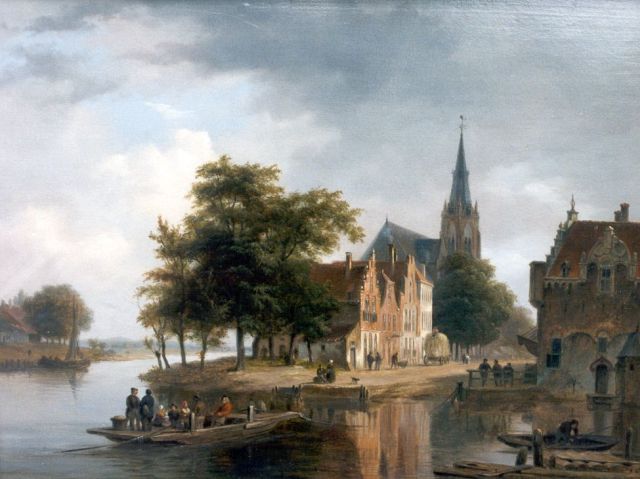 Bart van Hove | Blick auf den Stadtkai mit einer Fähre, Öl auf Holz, 30,0 x 38,9 cm, Unterzeichnet r.u.