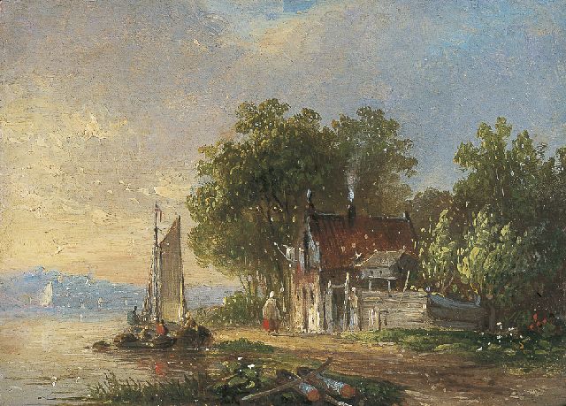 Jacobus van der Stok | Moored boat in a river landscape, Öl auf Holz, 8,5 x 11,9 cm