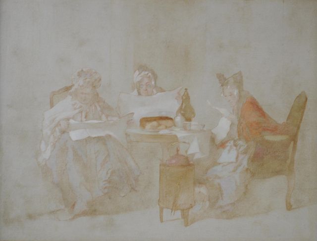 Alexander Hugo Bakker Korff | Die Politik am Frühstückstisch (Vorstudie), Ölfarbeskizze auf Holz, 21,7 x 27,4 cm, gemalt um 1867