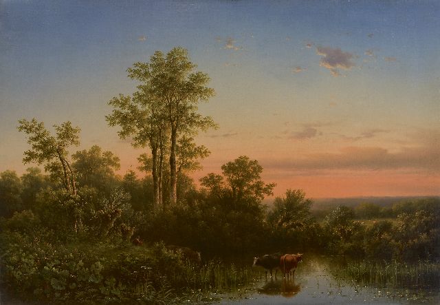 Sörensen J.L.  | Sonnenuntergang mit trinkendem Vieh, Öl auf Leinwand 69,1 x 99,8 cm, Unterzeichnet l.u. und datiert 1855