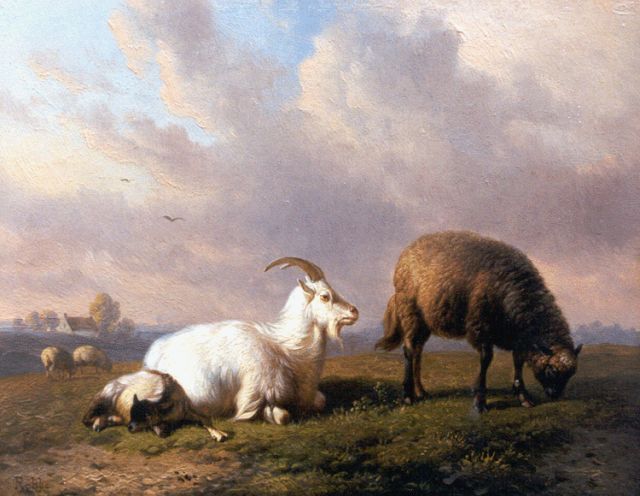 Louis Marie Dominique Romain Robbe | A goat, a sheep and a lamb in a landscape, Öl auf Holz, 16,1 x 20,5 cm, signed l.l.