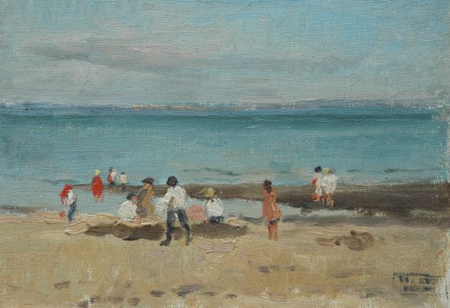 Willem Johannes Schütz | Children playing on the beach, Öl auf Leinwand, 18,0 x 25,7 cm