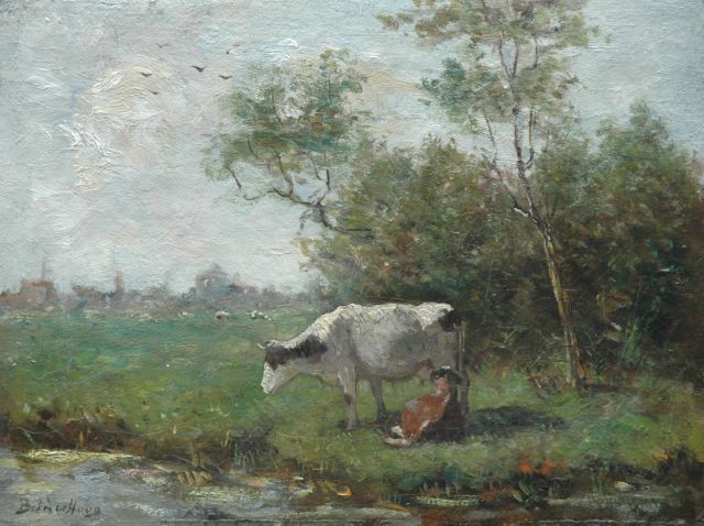 Bernard de Hoog | Cow and calf in a meadow, Öl auf Leinwand, 25,8 x 34,4 cm, signed l.l.