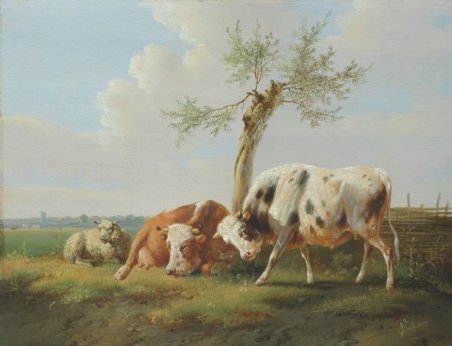 Albertus Verhoesen | A bull, a cow and a sheep in a summer landscape, Öl auf Holz, 24,5 x 31,9 cm, signed l.r.
