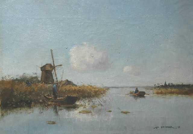 Jan Knikker sr. | Angler in Booten auf einem Polderwasser, Öl auf Leinwand, 30,2 x 43,5 cm, Unterzeichnet r.u.