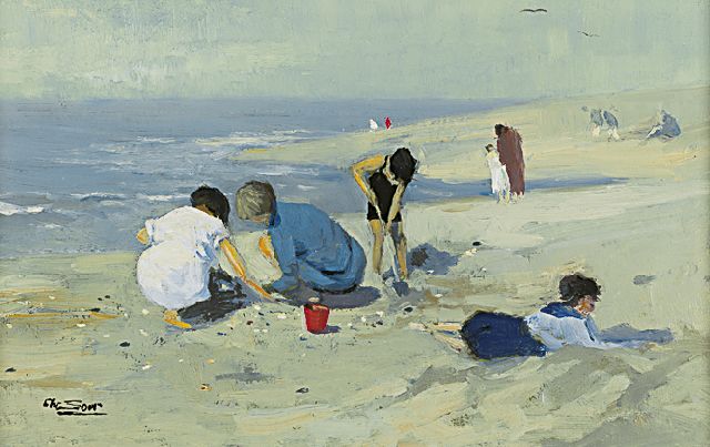 Chris Soer | Children playing at the beach, Öl auf Leinwand auf Holz, 18,6 x 28,4 cm, signed l.l.