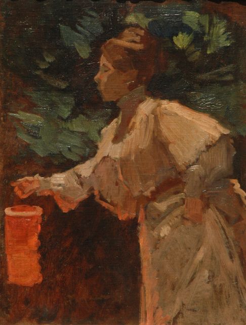 Maarel M. van der | Woman with a Chinese lantern, Öl auf Leinwand auf Holz 40,5 x 31,3 cm, signed l.l.