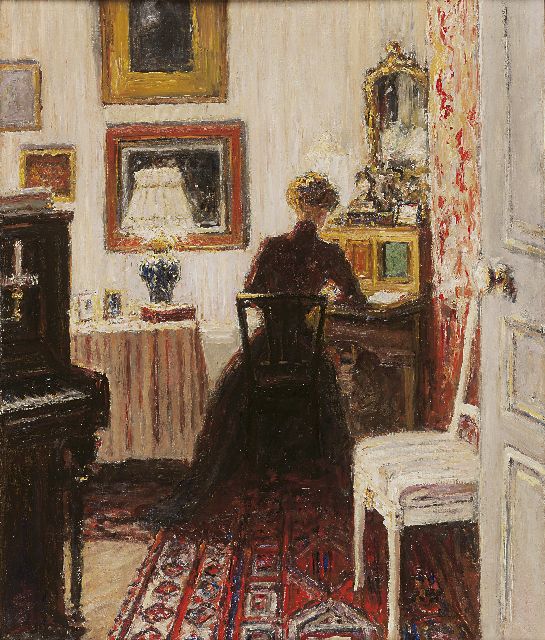 Carel Nicolaas Storm van 's-Gravesande | Interior with Lily Clifford, Paris, Öl auf Malereifaser, 54,9 x 45,9 cm, signed l.l. with monogram und dated Nov. 5th 1907 on the reverse