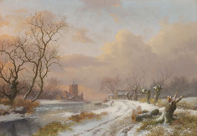 Frederik Marinus Kruseman | Wide river angle in winter, Öl auf Holz, 27,9 x 40,2 cm