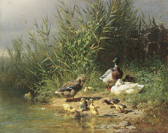 Carl Jutz | Family of ducks on a river bank, Öl auf Malereifaser, 22,8 x 29,0 cm, signed l.r. und dated 'München 1863'