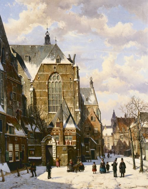 Willem Koekkoek | A snow-covered village square, Öl auf Leinwand, 84,0 x 66,0 cm, signed l.r. und dated '66