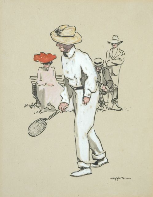 Sluiter J.W.  | Tennisspieler, Tinte, Kreide und Aquarell auf Papier 27,0 x 21,0 cm, Unterzeichnet r.u.