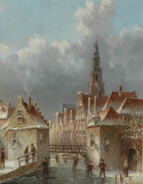 Petrus Gerardus Vertin | A winter landscape with skaters on a frozen canal, Öl auf Holz, 24,0 x 19,5 cm, signed l.l.