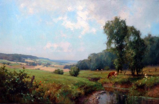 Jan Holtrup | A stream in a hilly landscape, Öl auf Leinwand, 39,8 x 60,0 cm, signed l.r.
