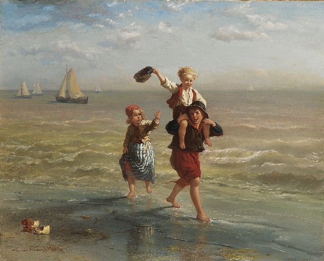 Elchanon Verveer | Children playing in the surf, Öl auf Leinwand, 60,2 x 75,2 cm, signed l.l. und dated '63